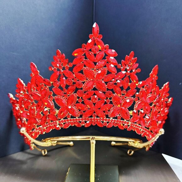Quinceanera Crown, Red Crystal Crown, Crystal Bridal Tiara, Prom Gold Headdress - Picture 1 of 9